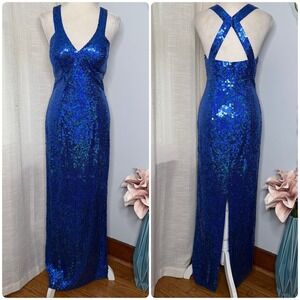 Adrianna Papell Evening Sequin Disc V-Neck Gown Blue Y2K Vintage Women's Size 6